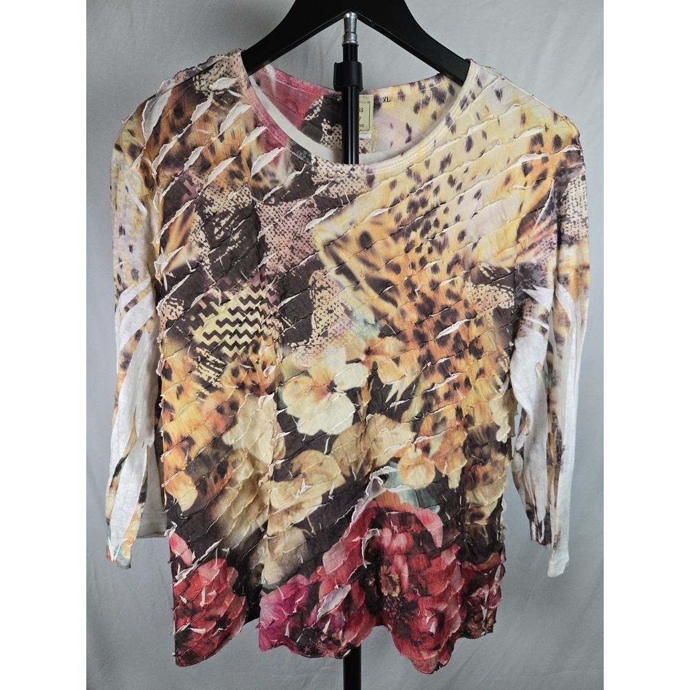 Jess & Jane USA Sz XL Mixed‎ Artsy Floral Print Top Lettuce Edge Layered Ruffle